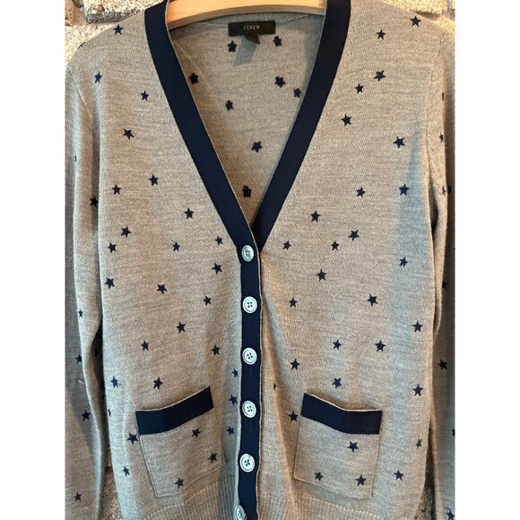 J. Crew Womens Gray Cardigan Sweater With Navy Star Pattern & Pockets - Size S - Picture 3 of 7